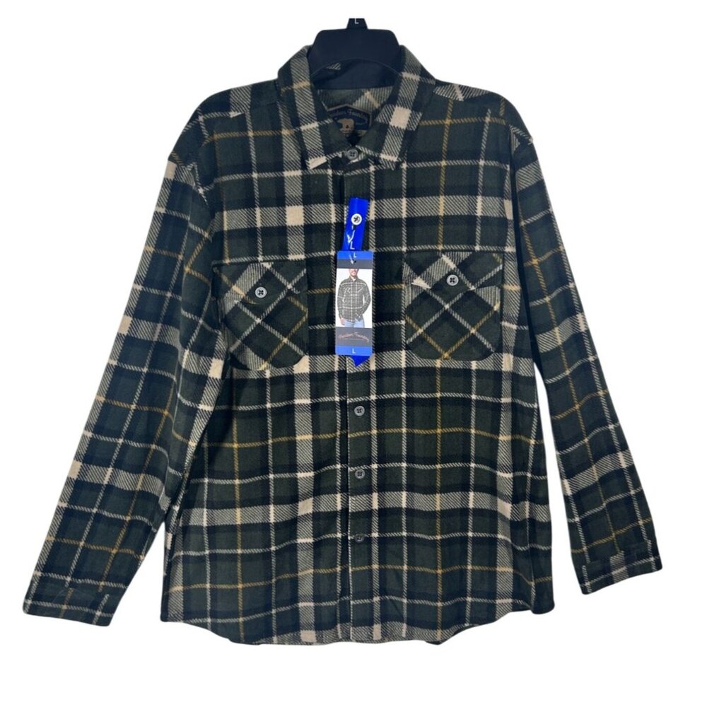 Freedom Foundry Fleece Shirt Mens L Plaid Green &‎ Beige Long Sleeve